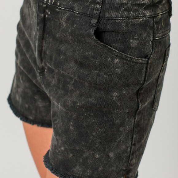 MYSTREE Washed Black Denim Cutoff Shorts | High Rise | Trendy Fray Hem - Picture 4 of 4